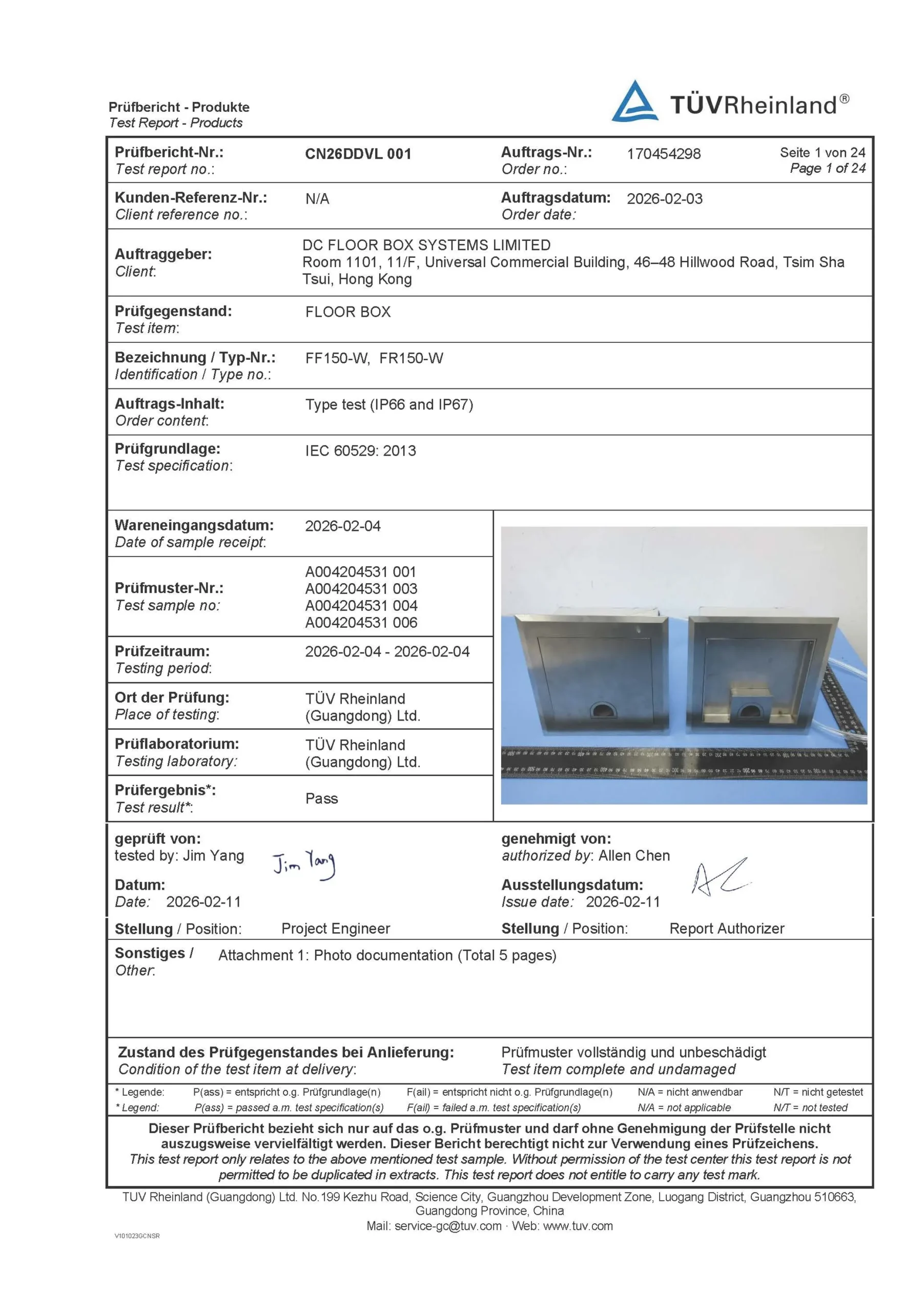 TUV Certified – IP66/IP67 Test Report – FF150W & FR150W