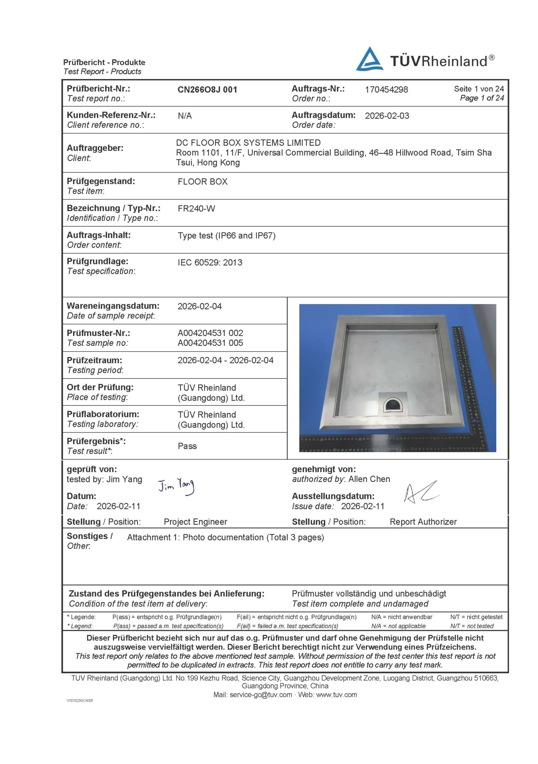 TUV Certified – IP66/IP67 Test Report – FR240W
